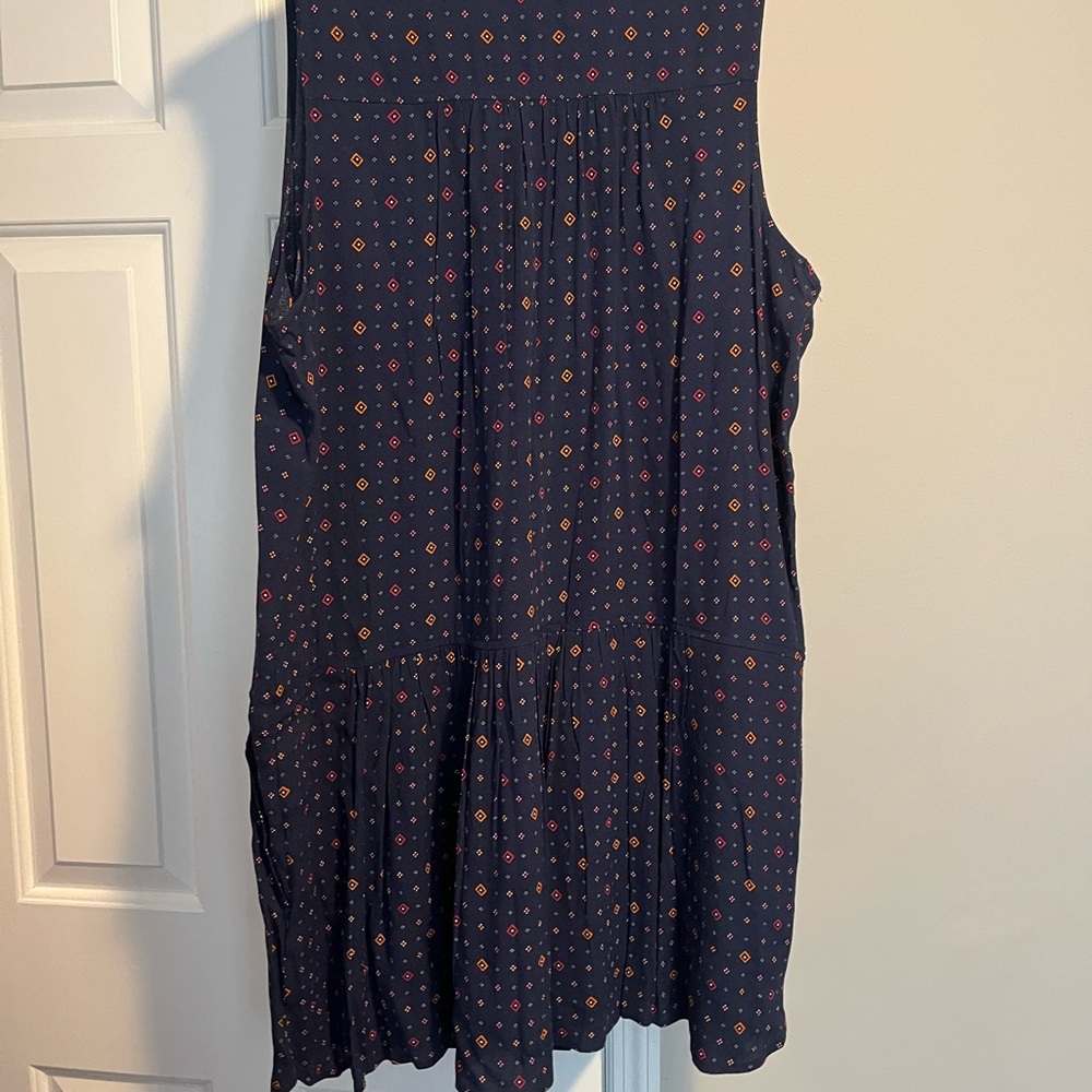 Navy Sleeveless Dress with Red and Orange Dots